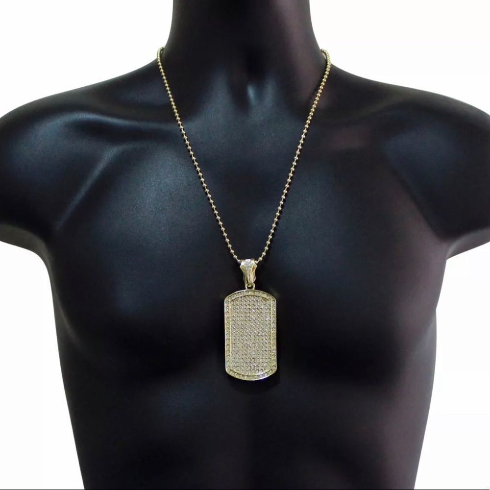 14K Large Iced Out Dog Tag Pendant On 24" Chain